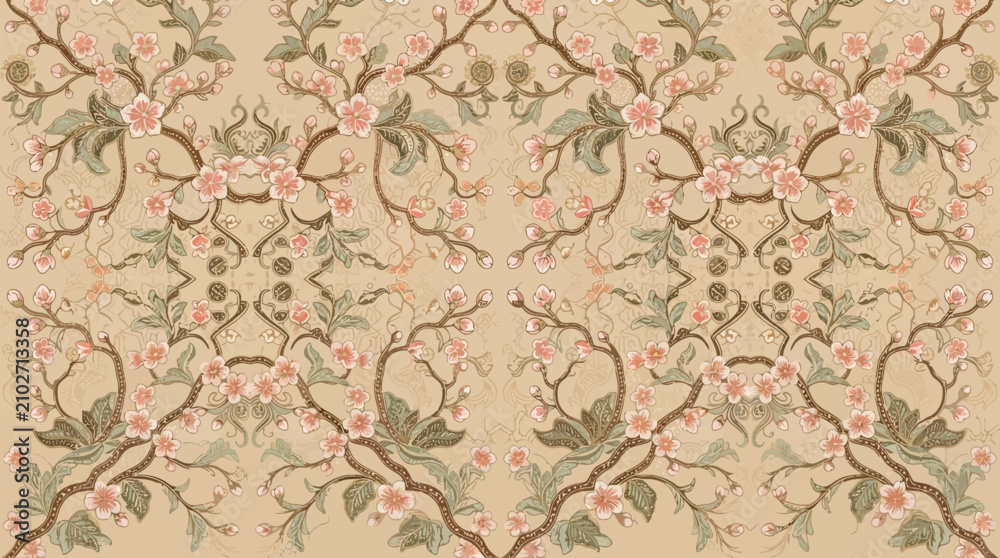 Fototapeta premium Seamless Vintage Batik Floral Pattern Background, Traditional Asian Flower Branch Motif Vector Illustration for Fabric, Textile Print, Packaging, and Wallpaper Design