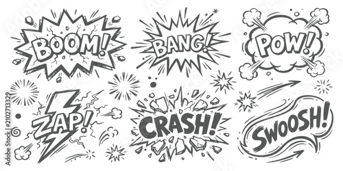 Tableau sur toile Set of hand drawn comic book sound effect speech bubbles with boom bang pow zap