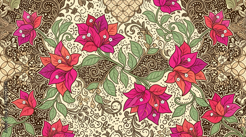 Принти на полотні Elegant contemporary Indonesian batik pattern featuring stylized Bougainvillea f