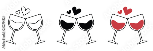 Foto Wine glasses icon set, clinking glass symbols with hearts, elegant vector illustration isolated on transparent background for wedding, love, party and celebration concepts