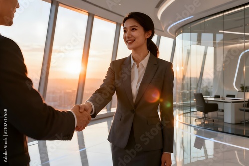 Female executive extending a handshake to a new business partner