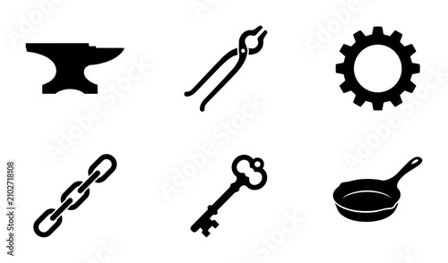 Принти на полотні Blacksmithing Tools Icons, Metalwork Equipment Set, Forge Craft Symbols, Industr