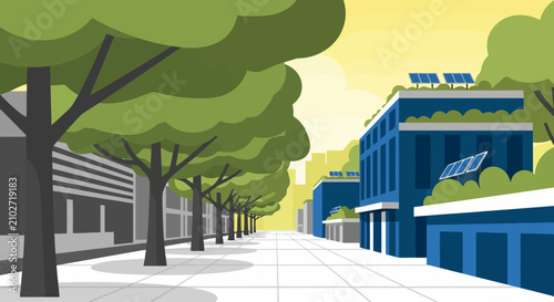 Modern eco friendly city street with green buildings and solar panels
