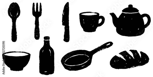 Black silhouette kitchen utensils and dinnerware collection
