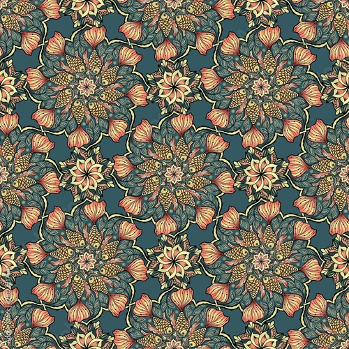 Seamless ornamental pattern with stylized fish, tropical flowers and botanical leaves in vintage folk art style