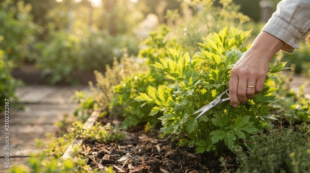 Fototapeta premium Woman Harvesting Fresh Green Herbs with Scissors in a Sunny Organic Garden for Sustainable Home Cooking