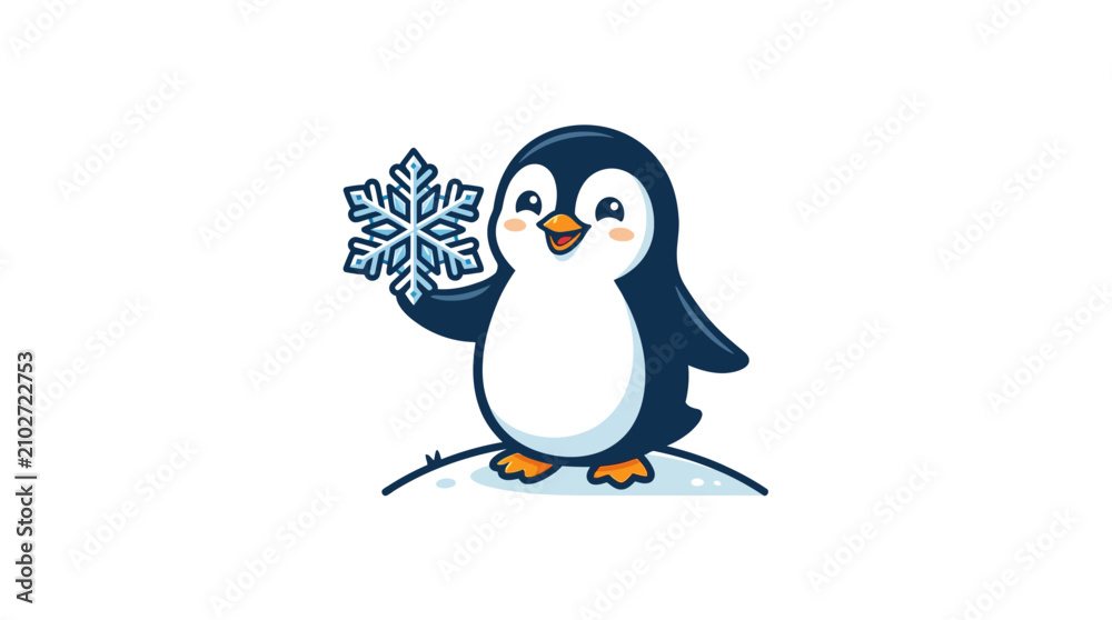Fototapeta premium Cute Cartoon Penguin Holding Snowflake.
