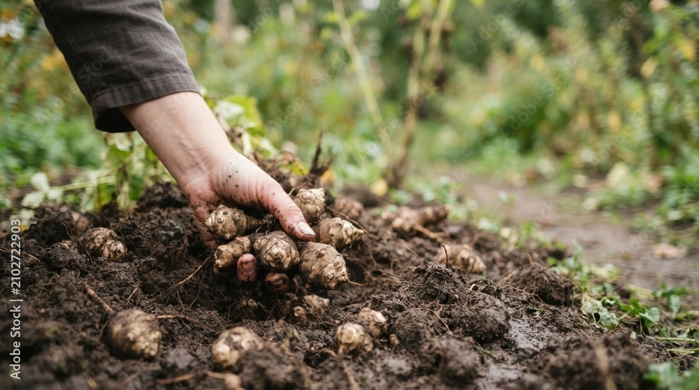 Fototapeta premium Person Harvesting Fresh Organic Jerusalem Artichokes from Soil in Garden for Sustainable Farm to Table Cooking