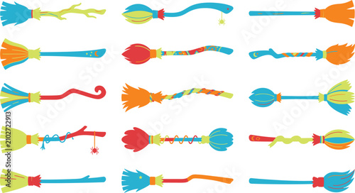 Slika na platnu Whimsical witch broomstick collection, 15 colorful magic broom vector icons, fan
