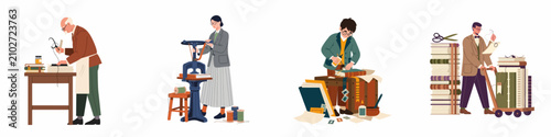 Fotografía Set of illustrations showing people engaged in professional bookbinding, restoration, and archiving processes in a classic style