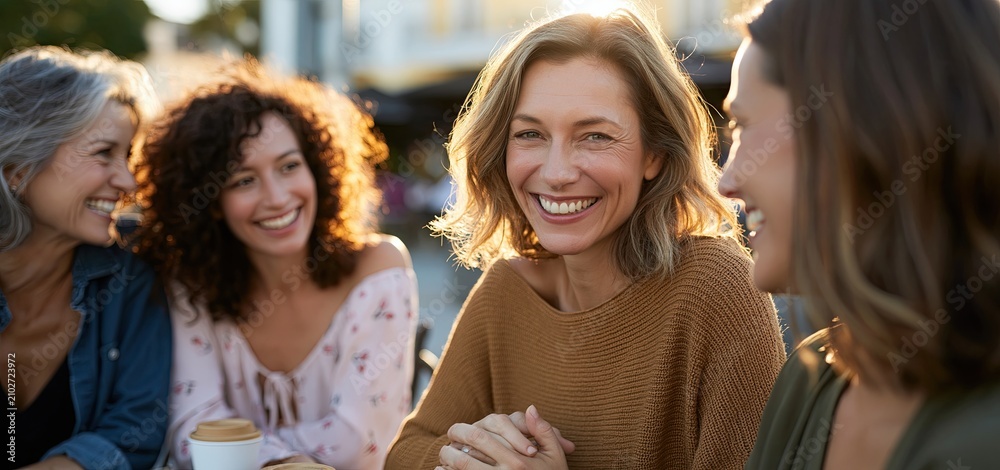 Obraz premium Women enjoying coffee and conversation together at an inviting outdoor café with a lively city backdrop.