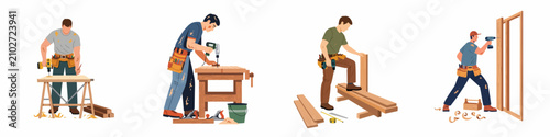 Photography A collection of flat vector illustrations featuring carpenters working with wood, using various tools for construction and home improvement projects on white background