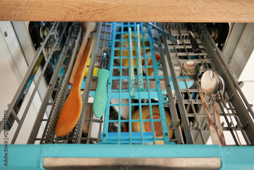 Cuadro en lienzo Top rack of a dishwasher designed for storing and washing cutlery