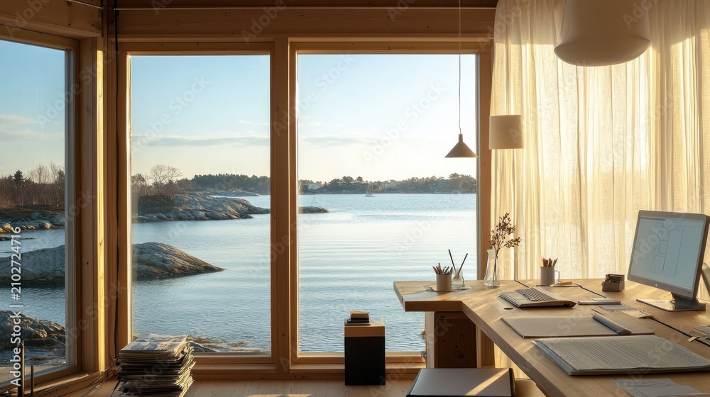 Fototapeta premium Serene home office with stunning sea view, sunlight streaming through large windows.