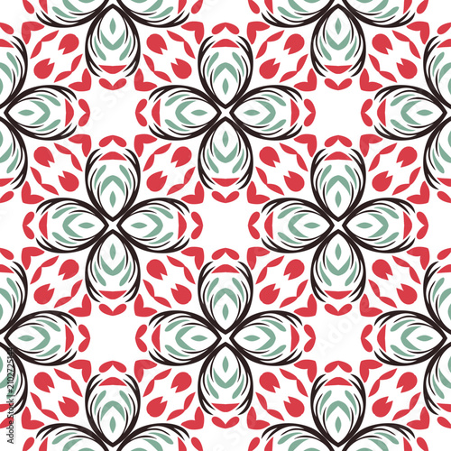 Seamless watercolor floral pattern with red flowers and folk ornaments Elegant seamless kaleidoscope floral pattern in pastel pink and maroon