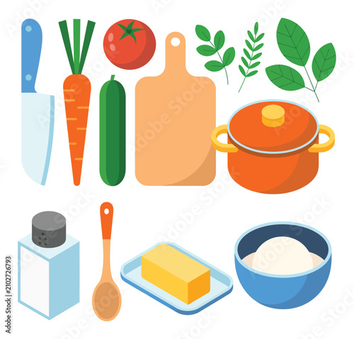 Fotografie キッチン用品と新鮮な調理食材のフラットイラスト