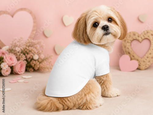 Adorable fluffy dog wearing a blank white T-shirt in a romantic pink Valentine setting decorated with hearts, roses and soft floral accents.