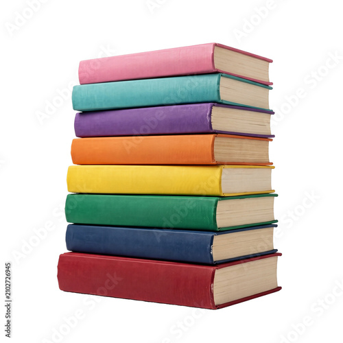 Fotografie Colorful stack of books with vibrant textile covers, vertical pile of hardcover