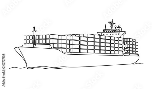 Minimal one line container ship outline vector for shipping and logistics