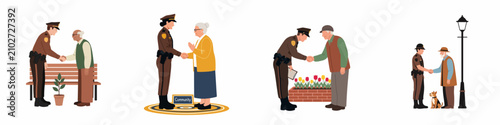 Police officers shaking hands with senior citizens in various community settings, illustrating trust, support, and positive relationships between law enforcement and the elderly.