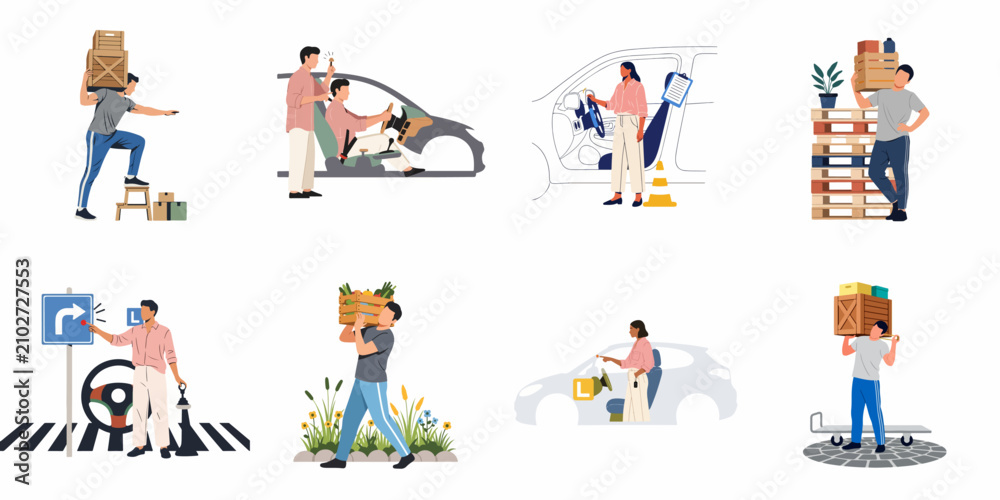 Fototapeta premium Flat vector illustration set of driving school instructors teaching students and warehouse workers carrying heavy crates and boxes in various work scenarios.