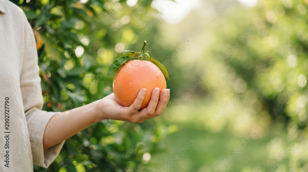 Naklejka premium Woman Holding Fresh Grapefruit in Citrus Orchard for Healthy Organic Food and Sustainable Farming Concept