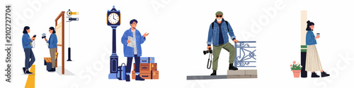 Cuadro en lienzo Diverse collection of travelers and tourists in urban settings, including a photographer, reporter, and sightseers with luggage and maps, flat vector illustration