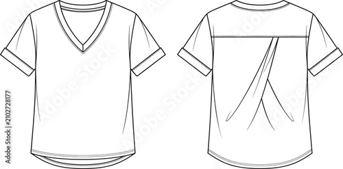 Cuadro en lienzo Fashion flat sketch of a women’s V-neck t-shirt with cuffed sleeves and back ple