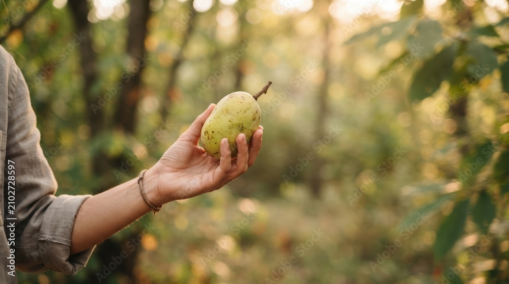 Fototapeta premium Hand Holding Fresh Wild Pawpaw Fruit in Forest Setting Representing Sustainable Foraging and Organic Harvest