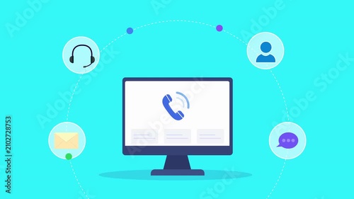 Animated flat vector motion graphic featuring an AI call center dashboard on a desktop monitor with phone, headset, email, user, and chat icons. Ideal for customer support and artificial intelligence 