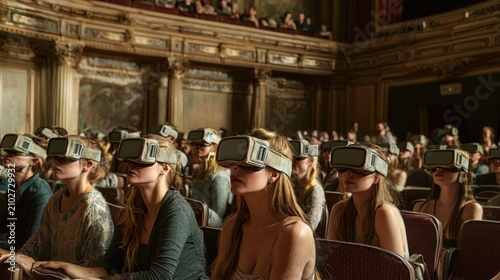 Audience wearing VR headsets in historic theater.