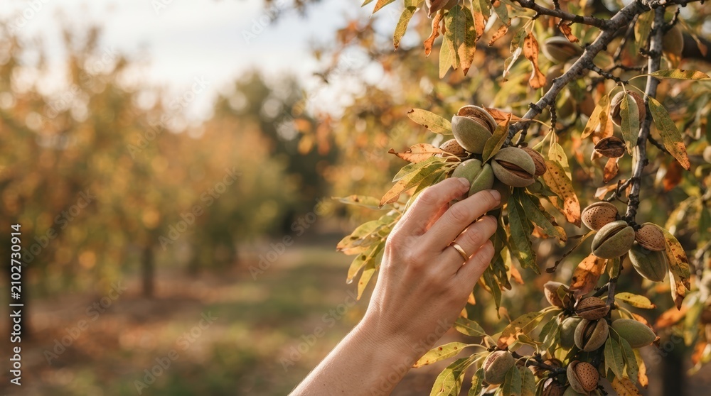 Fototapeta premium Close up of a woman hand harvesting fresh almonds from a tree in a sunny orchard during autumn harvest season