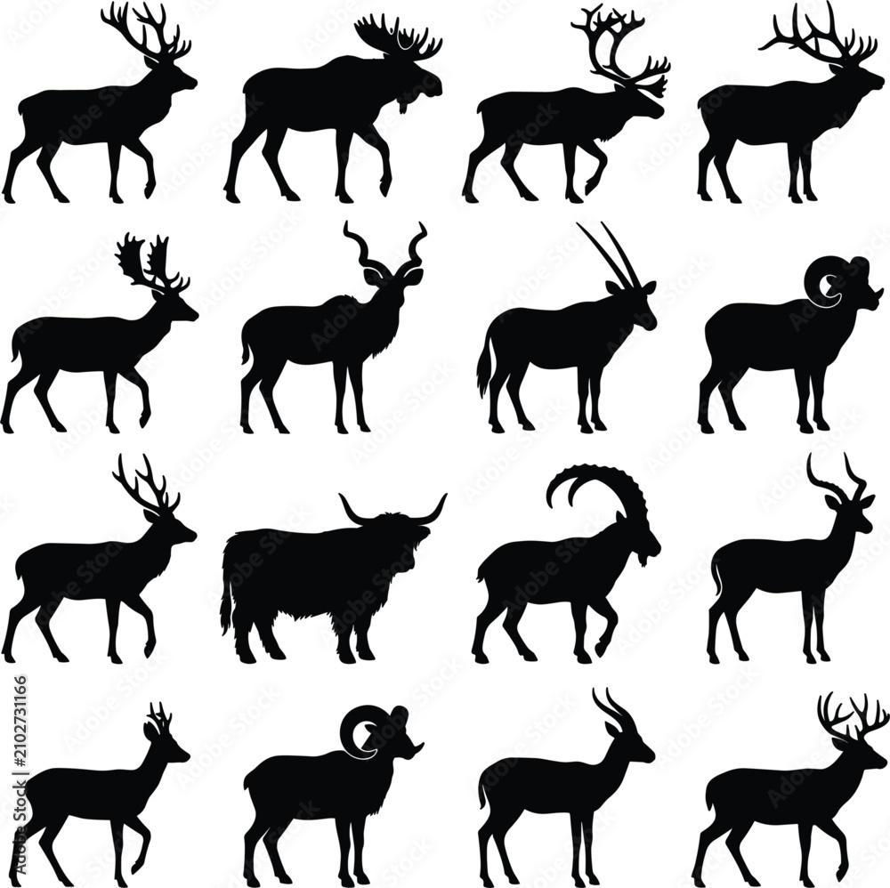 Fototapeta premium Horned Animal Silhouette Vector Icon Set Featuring Deer, Moose, Elk, Antelope, and Ram Shapes for Wildlife, Hunting, Forestry, and Nature Graphic Designs