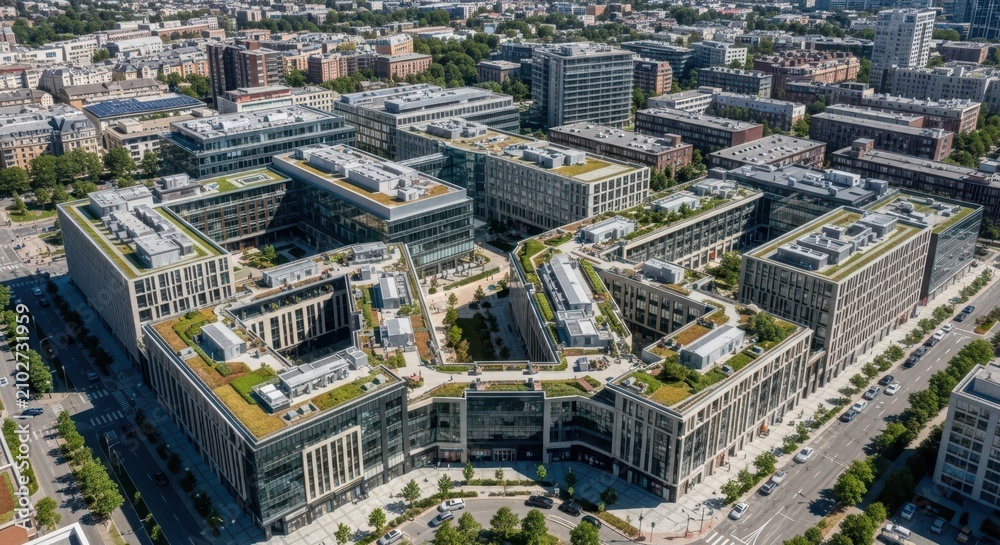 Fototapeta premium Expansive aerial view of a modern mixed-use urban development featuring contemporary architecture and green rooftops