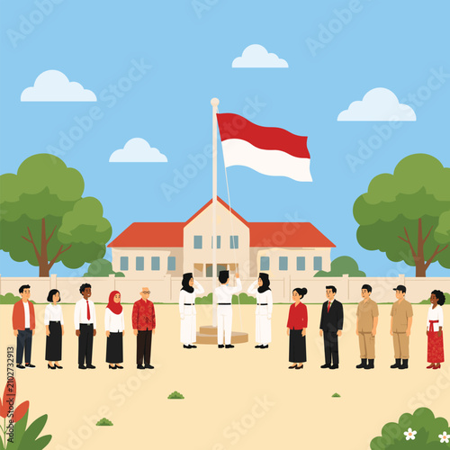 Indonesian Flag Raising Ceremony at School for Indonesia Independence Day