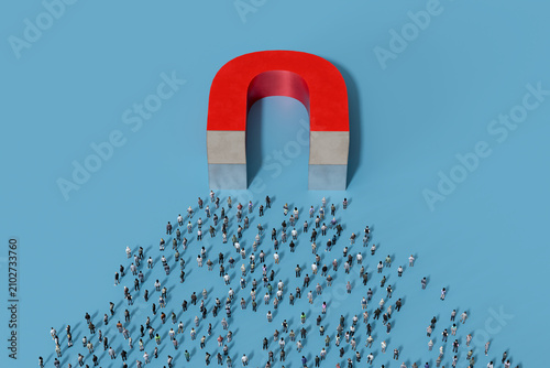 Large red horseshoe magnet pulling a crowd of diverse people towards it, on a solid light blue background representing customer attraction and growth