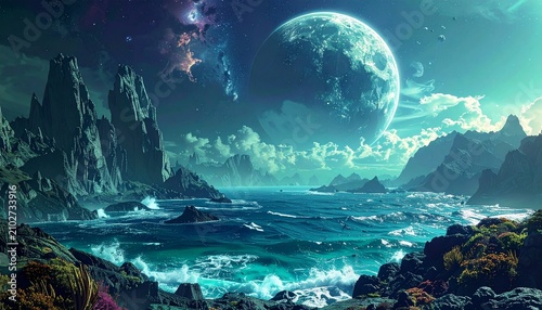 Mystical Alien World - Ocean, Mountains, and Giant Planet.