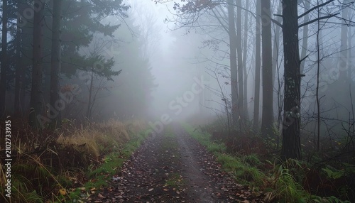 Mystical Forest Path Through Dense Fog and Tall Trees.