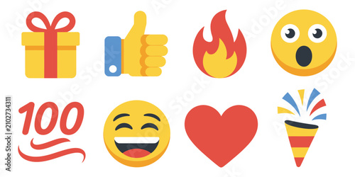Tableau sur toile Social media reaction icon set, colorful symbols with gift, like, fire, wow emoji, 100 score, smiley, heart and party popper for chat and app design
