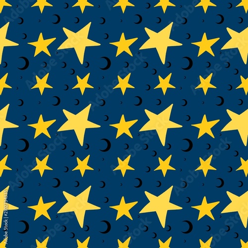 Seamless night sky pattern with yellow stars and black crescent moons on dark blue background