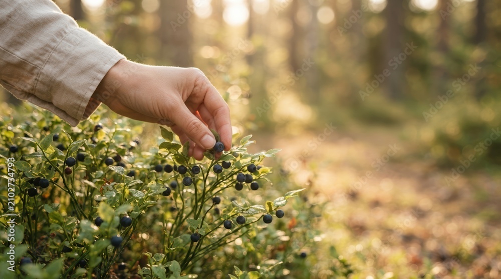 Fototapeta premium Woman hand picking fresh wild blueberries in forest for organic foraging lifestyle and healthy summer nutrition