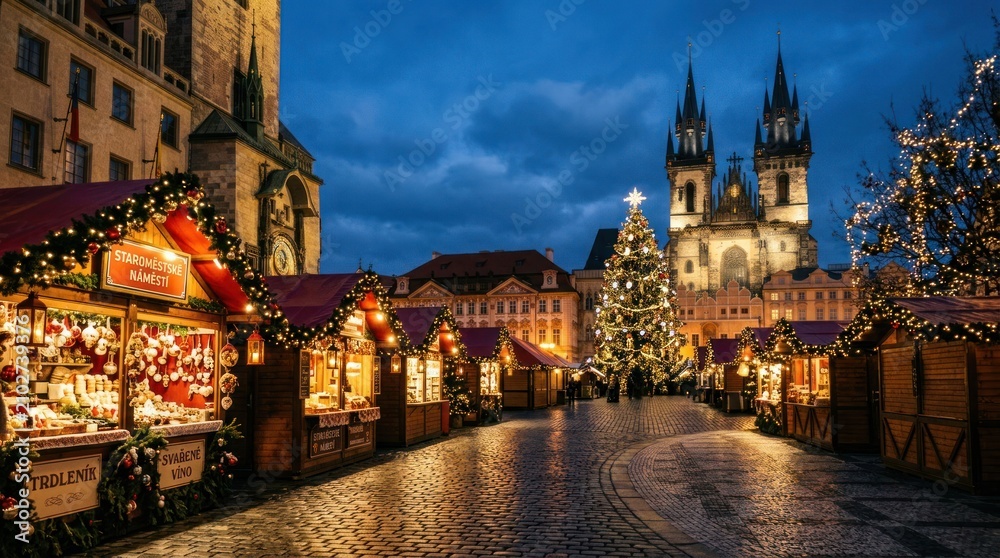Obraz premium Magical Christmas Market in Old Town Square Prague at Dusk.