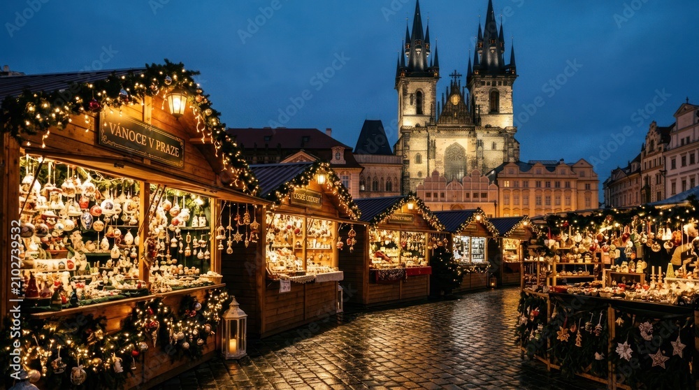 Obraz premium Magical Christmas Market in Prague at Dusk with Old Town Square and Church.
