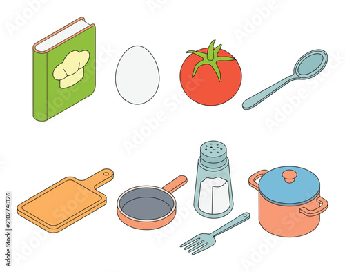 Schilderij op canvas キッチン用品と調理器具と新鮮な食材のアイソメトリックセット