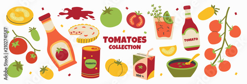 Cute flat illustration collection of various fresh tomatoes and tomato-based food products isolated on a white background. This whimsical hand-drawn clip art bundle features a ripe red tomato branch, 