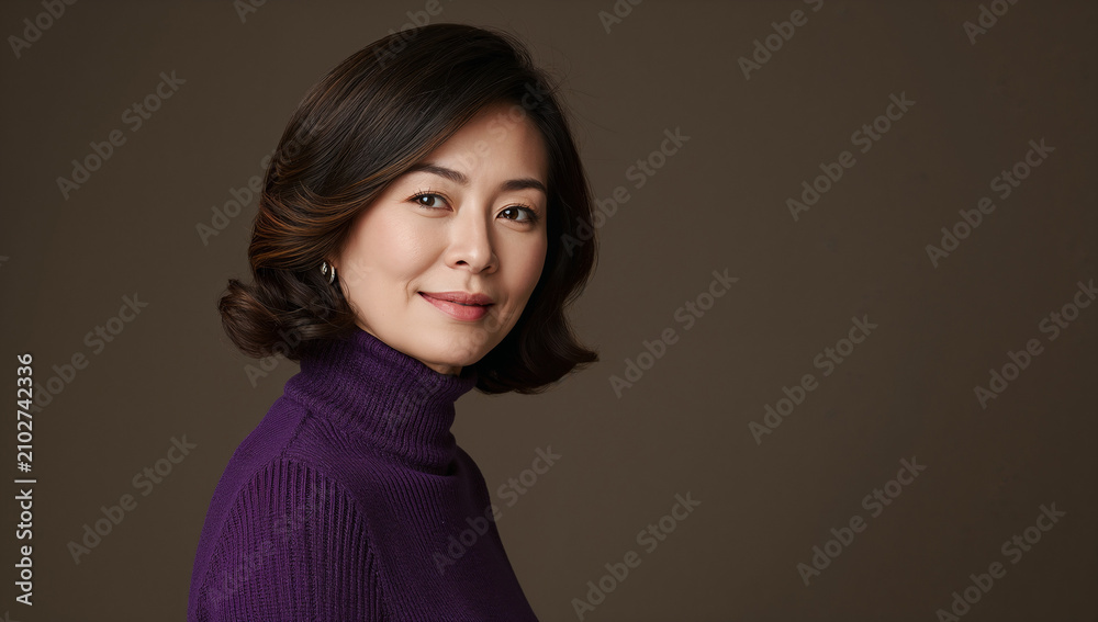 Fototapeta premium 高貴な紫色のタートルネックセーターを着て優雅に微笑む日本人女性
