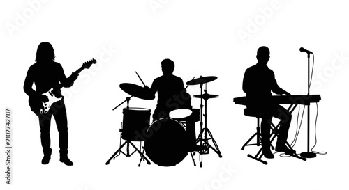 Silhouettes of musicians playing guitar drums with keyboard white background black silhouettes three musician silhouettes performance keyboardist