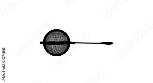 Foto Black metal mesh strainer with handle on white background with long handle again