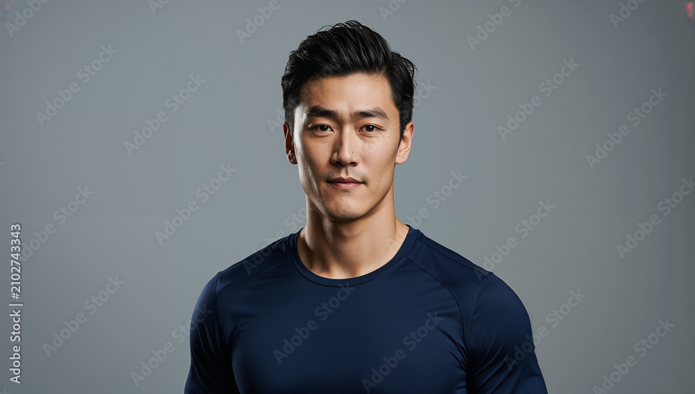 Fototapeta premium トレーニングウェアを着用し引き締まった表情で立つ日本人男性アスリート