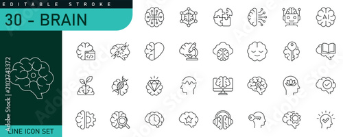 Brain Line Icons Set. Editable Stroke Artificial Intelligence, Neuroscience, Psychology, Mind, Memory and Mental Health Outline Vector Collection